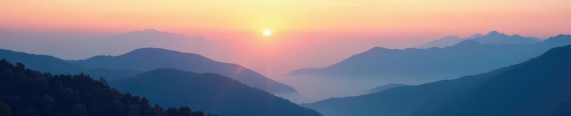 Obraz premium Misty dawn light filters through mountain peaks, light, serene