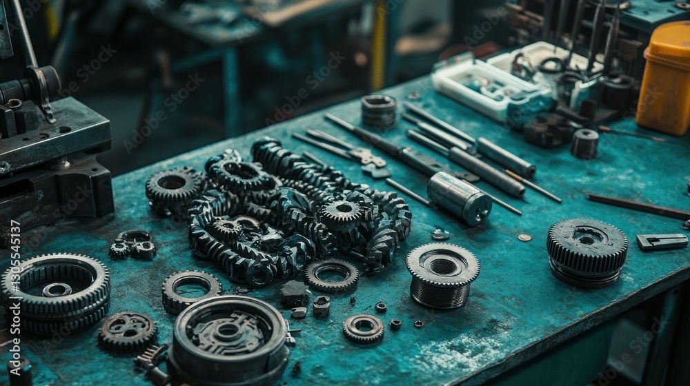 Poster Gears and mechanical tools scattered across a worktable inside a shop