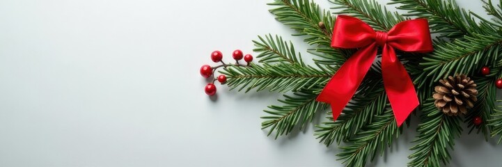 Rustic Christmas branch decoration with red ribbon and pinecones, pinecones, decorations, branches