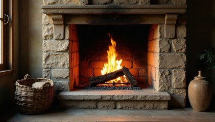 Rustic stone fireplace with crackling firewood and soft background illumination, dim lighting, stone, natural