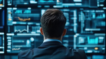 Businessman Analyzing Data on Multiple Screens in a Modern Enterprise Environment