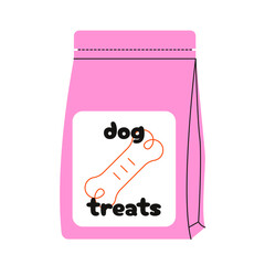Dog food. Cartoon feed for dogs in bag package, domestic animal dry meal packaging design with line bone icon, doggy treats for pet shops. Vector isolated illustration