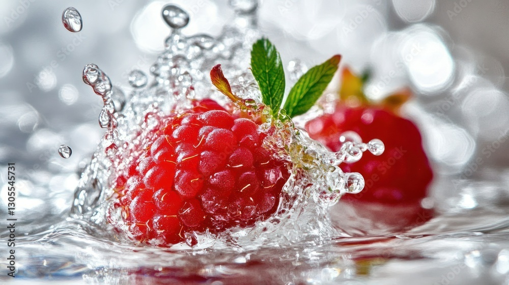Poster Red Raspberry Splashing Water And Creating Motion Across The Surface