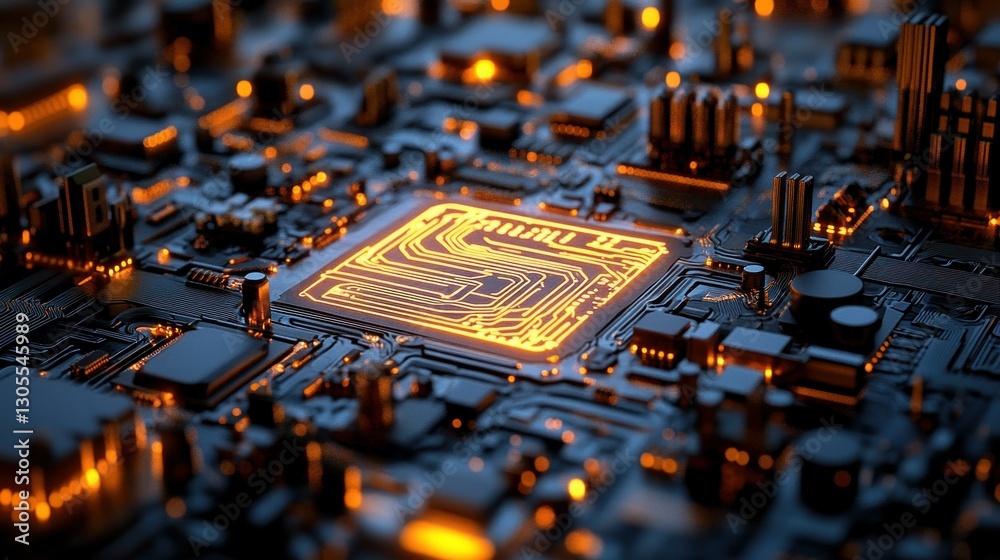 Poster A Close Up View of a Modern Circuit Board Illuminated