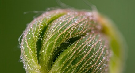 Fototapeta premium Close-up of Flower Bud with Water Droplets on Green Background