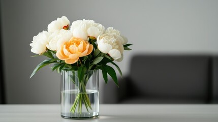 home flower arrangement, fresh peonies in a glass vase on a dining table in a modern chinese home, illuminated by natural light to emphasize their vivid hues