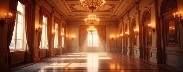 Obraz premium Chandeliers in a grand ballroom with soft light, gentle, warm, calming
