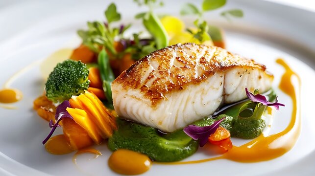Refined plated main course featuring seared fish fillet vibrant seasonal vegetables and a drizzle of sauce spotlighting modern culinary plating techniques