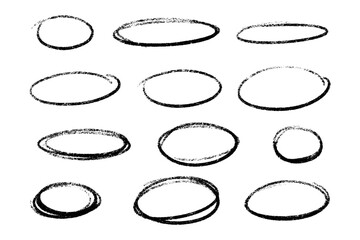 Crayon highlight set of black oval frames with distressed texture. Hand drawn shapes of raw brush strokes and irregular circular outlines on white background for artistic emphasis marks and borders.