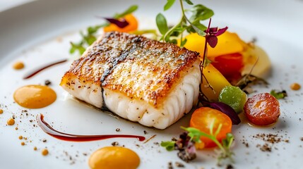 Refined plated main course featuring seared fish fillet vibrant seasonal vegetables and a drizzle of sauce spotlighting modern culinary plating techniques
