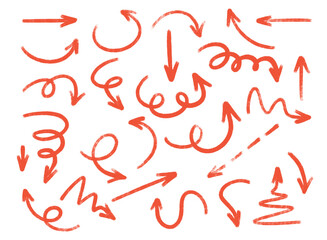 Red crayon arrow collection with diverse directional markers on white background. Hand drawn pointers for infographics, presentations or education design. Brush stroke indicators with grunge texture.