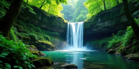 Dense forest foliage surrounds a misty waterfall, calm, waterfall