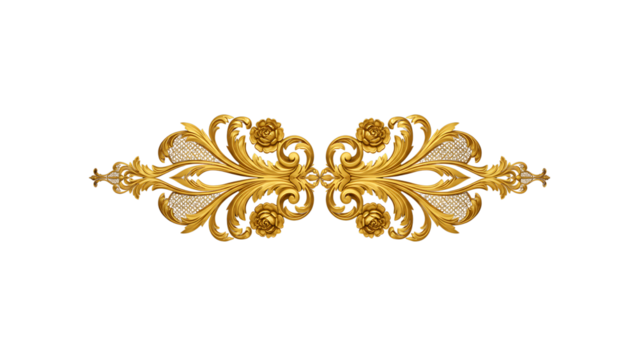 A symmetrical golden ornate design featuring intricate floral elements, rococo and baroque styles, roses and gilded details against a black background. Elegant and luxurious.