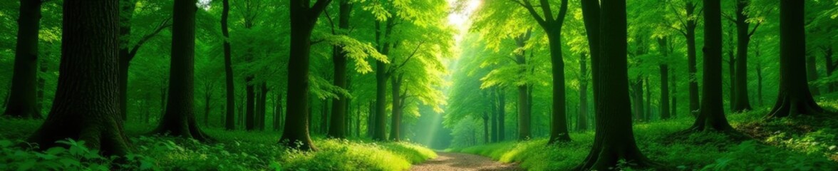 Obraz premium Dense forest with towering trees green in summer, summer foliage, greenery, tree canopy