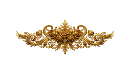 Intricate gold carving featuring roses, leaves, and pearls. Baroque and Rococo style elements combine in this elegant, symmetrical design against a black background.