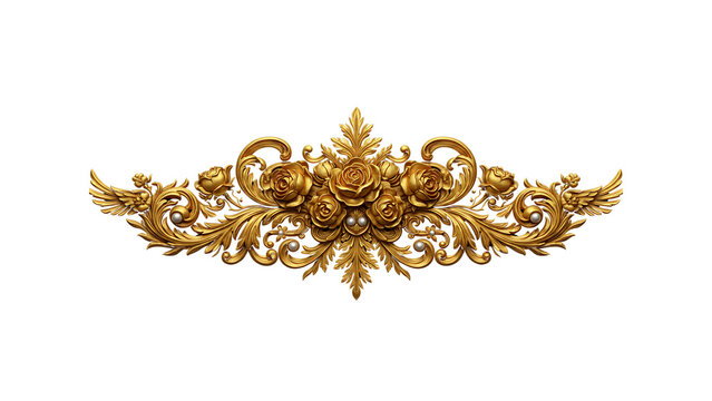 Intricate gold carving featuring roses, leaves, and pearls. Baroque and Rococo style elements combine in this elegant, symmetrical design against a black background.