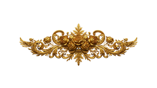 Intricate gold carving featuring roses, leaves, and pearls. Baroque and Rococo style elements combine in this elegant, symmetrical design against a black background.