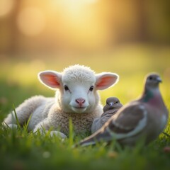 Naklejka premium Close-up of an Easter lamb resting in a field with doves nearby, surrounded by soft sunlight in a peaceful spring setting.