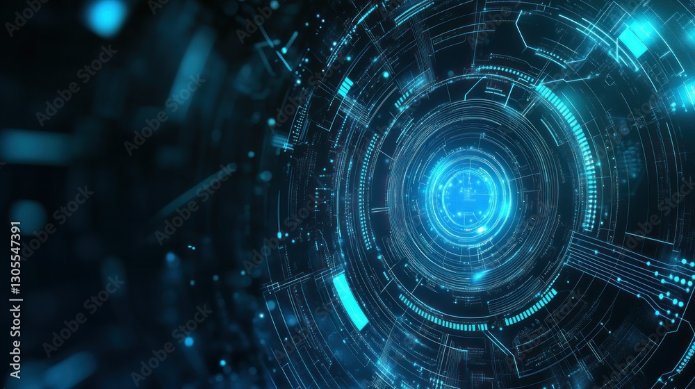 Poster Digital technological circle with glowing blue illumination on display
