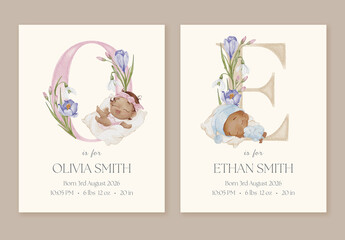Personalized Newborn Poster Template. Editable letter with realistic watercolor effect. Birth Announcement and Nursery Wall Art for newborn boys and girls.