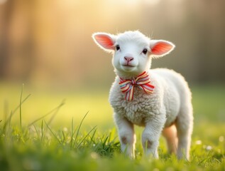 Obraz premium A playful Easter lamb with a colorful bow around its neck standing in a grassy field under soft sunlight, in a cheerful spring scene.