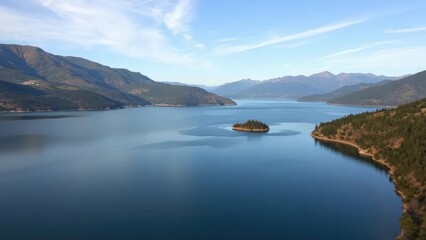 A serene and peaceful lake scene with surrounding hills, landscape, water catchment