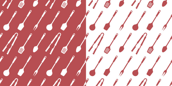 Seamless pattern with kitchen utensils. Cooking seamless pattern. Background with tongs, spatulas and spoons. Monochrome print.