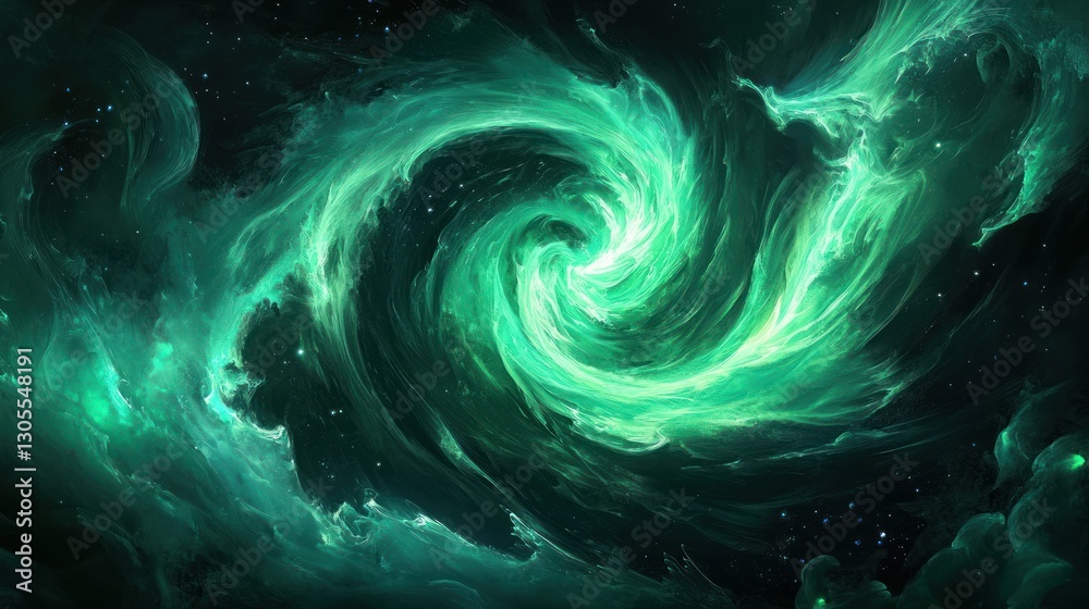 Poster a swirling vortex of emerald and dark hues in the cosmic void