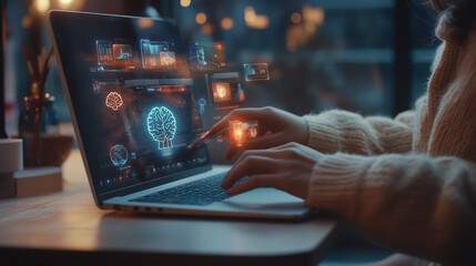 Fototapeta premium Futuristic Online Learning with Holographic Interface on Laptop