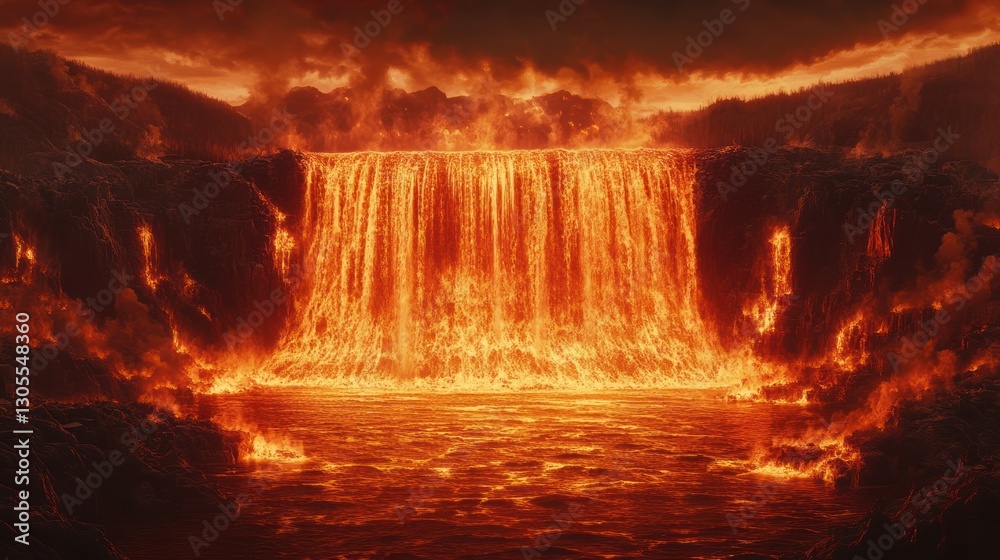 Poster an intense image of a lava waterfall pouring into a lake