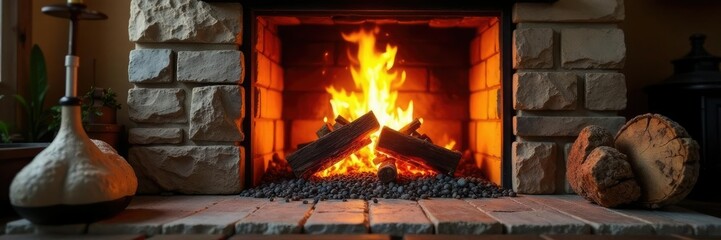 Warm firewood and stone fireplace with crackling sound effects, fiery sparks, warm glow, cozy space