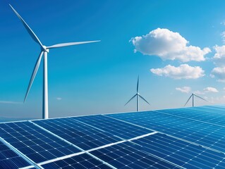 Wind Turbines and Solar Panels Under Clear Sky Emphasizing Renewable Energy Concept