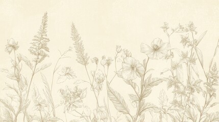 Delicate floral illustrations of various flowers and leaves on beige