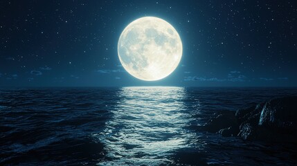 Full Moon over Calm Ocean at Night