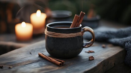 Black mug with a handle and a rope wrapped around it, sitting on a wooden table.