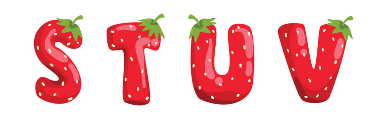 Red Strawberry English Alphabet with Bright Letter Vector Set