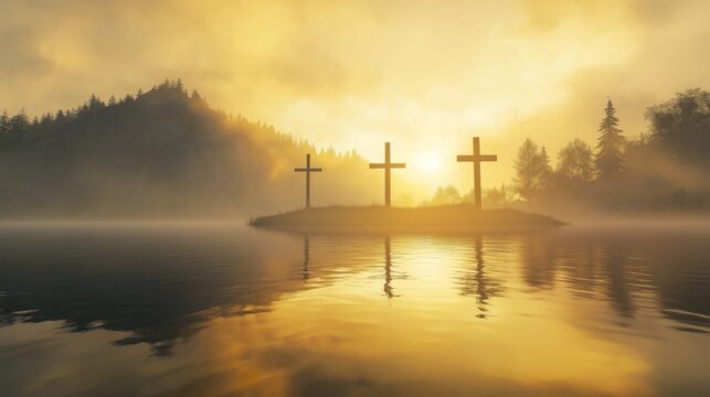 Peaceful lake reflecting three wooden crosses on hill during golden sunrise. Gentle ripples in the water and mist in the background, banner with copy space. Good Friday concept.