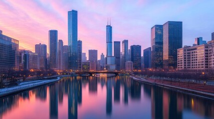 Naklejka premium A Gorgeous Cityscape Displaying Buildings Reflecting Over Calm Water