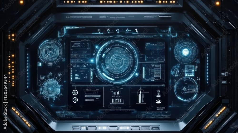 Poster A futuristic spacecraft cockpit instrument panel showing display data
