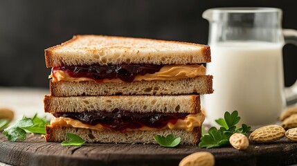 Stack of three sandwiches on a wooden cutting board. the sandwiches are made with two slices of toasted bread, each with a layer of peanut butter and jelly on top.