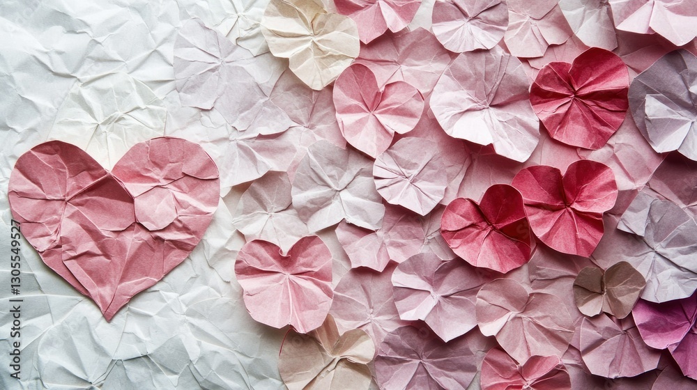 Poster several folded paper hearts are displayed on a textured surface together
