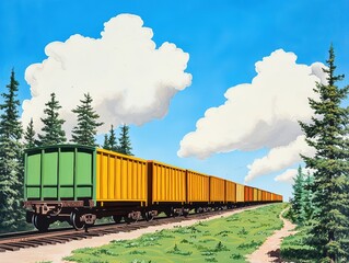 Fototapeta premium Long Freight Train Moving Through a Scenic Landscape with Clouds and Trees