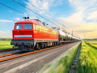 Obraz premium Long Freight Train in Motion Amidst Scenic Landscape with Sky and Green Fields