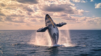 Fototapeta premium A Large Humpback Whale Breaching Above Ocean Water Surface