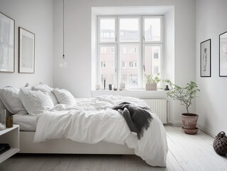 Cozy white bedroom with a large window and natural light