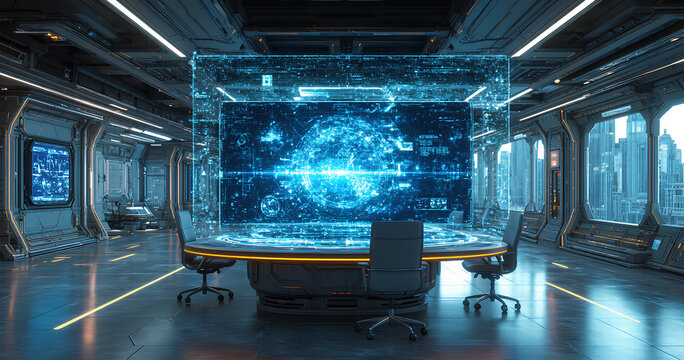 Futuristic Conference Room with Holographic Projection Display
