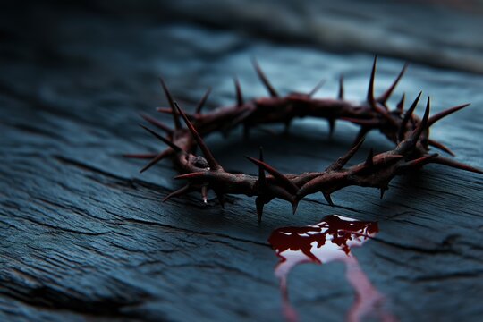 Crown of thorns resting on aged wooden surface with single drop of blood nearby, copy space for text. Good Friday concept.