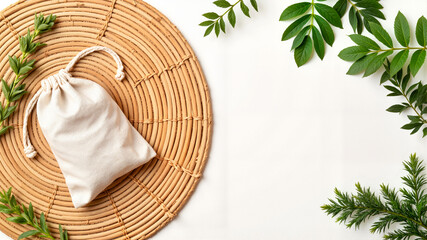 White cotton drawstring sachet mockup on wicker background for sustainable product presentation, eco-friendly packaging, gift wrapping, and jewelry or cosmetics branding