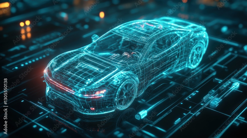 Poster digital rendering of a futuristic electric car on a circuit board