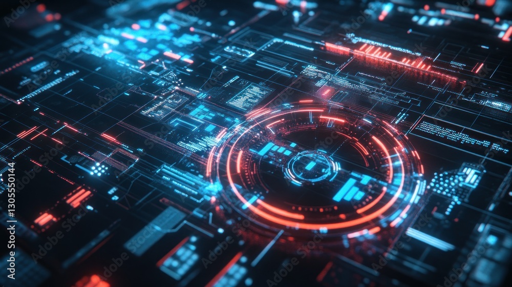 Poster Digital electronic interface displaying complex information with bright colors